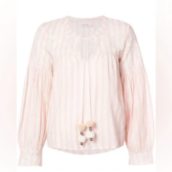 LoveShackFancy Pink Striped Blouse with Lace and Pom-Poms - Picture 1 of 8